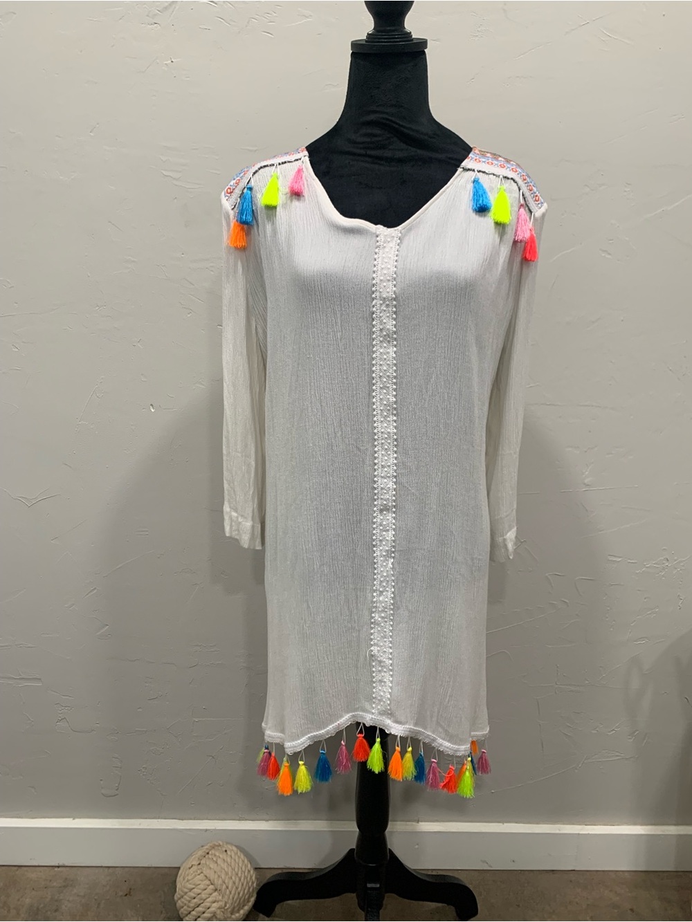 White Tassel Beach Tunic with Neon Trim